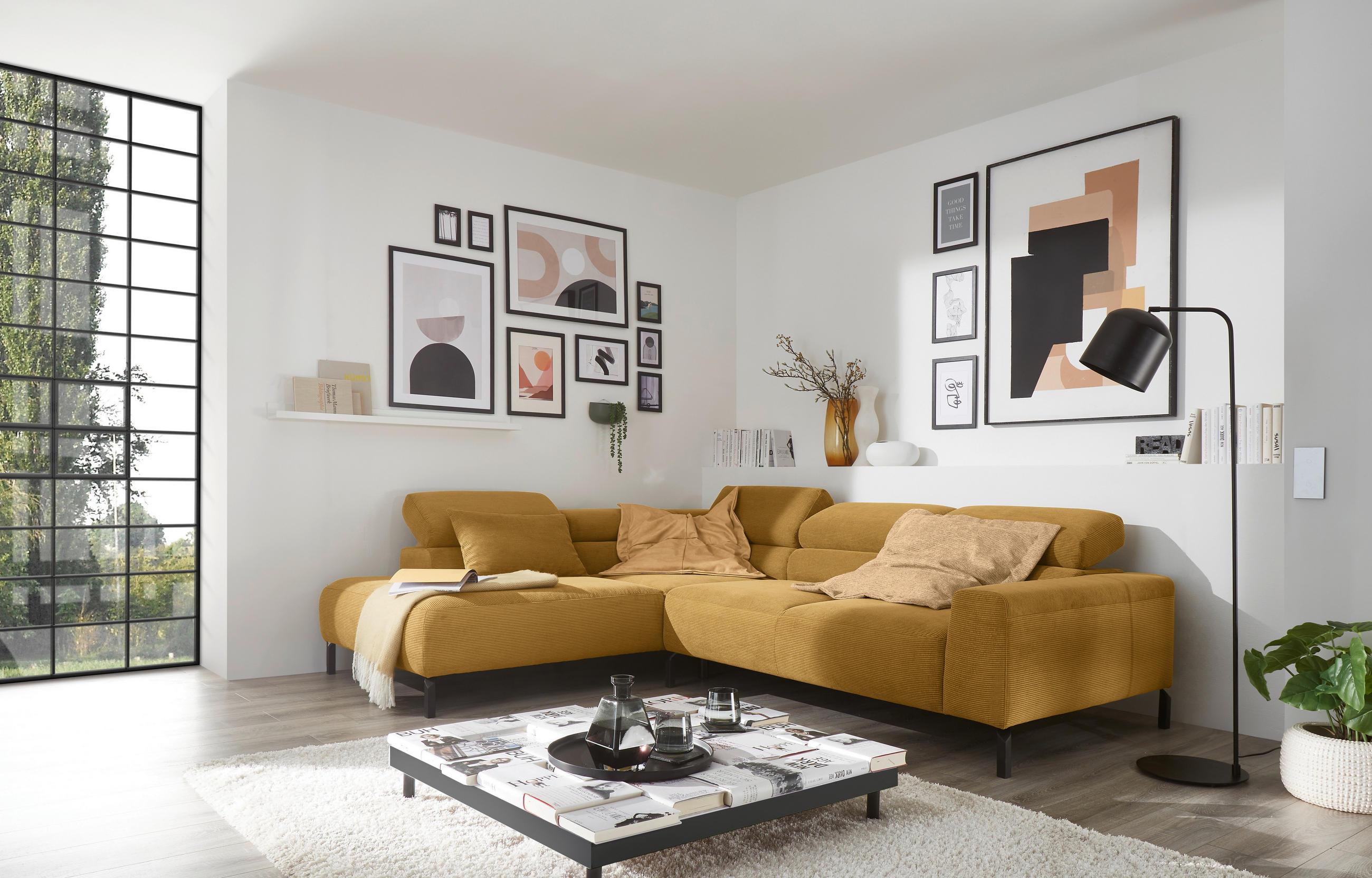 ECKSOFA in Feincord Gelb  219/273 cm  - Gelb/Schwarz, Design, Textil/Metall (219/273cm) - Pure Home Lifestyle