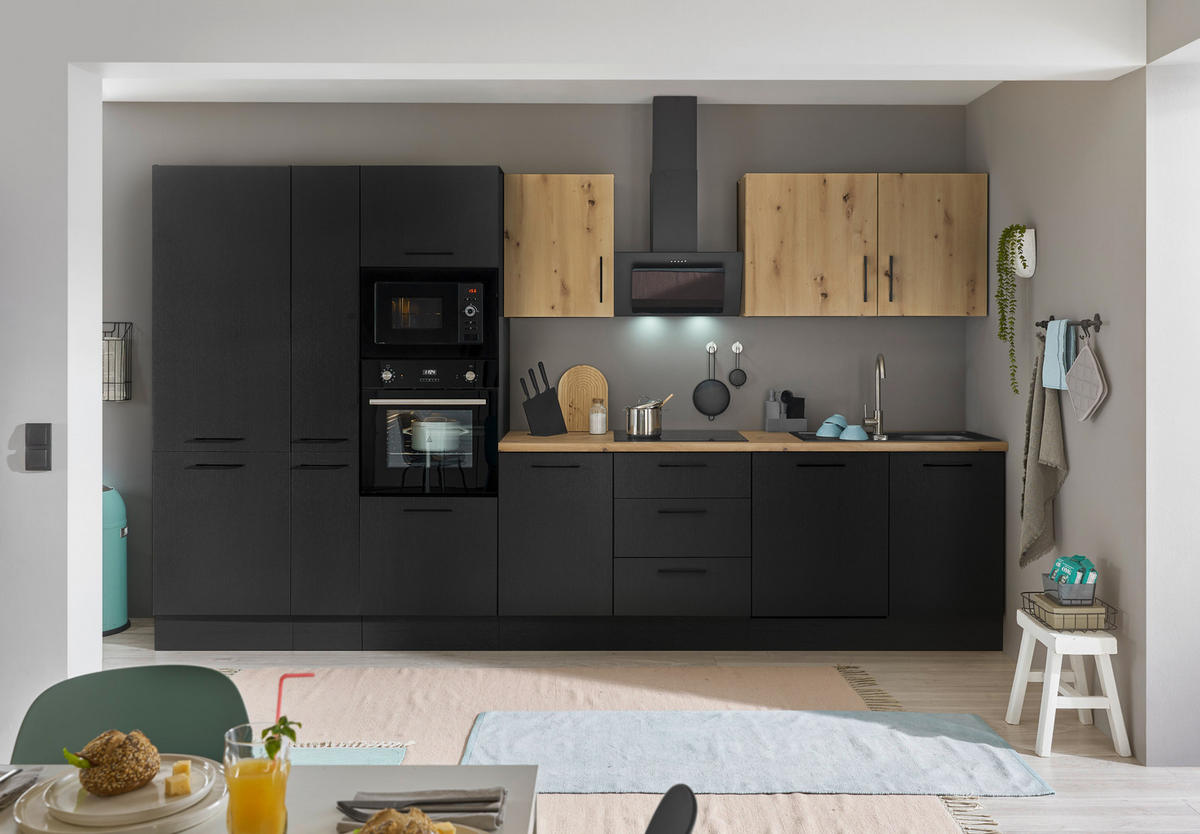 KÜCHENBLOCK 370 cm   in Schwarz, Eiche Artisan  - Schwarz/Eiche Artisan, Basics, Holzwerkstoff/Metall (370cm) - MID.YOU