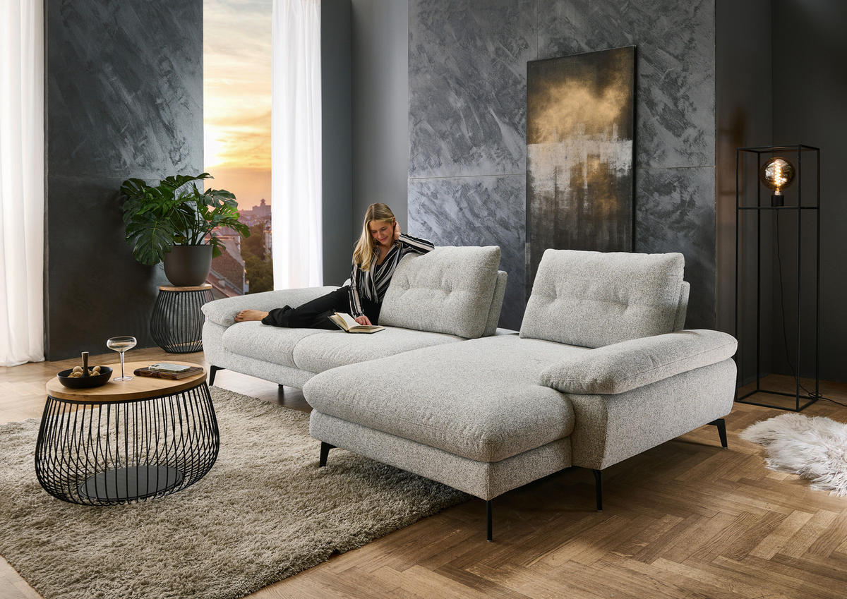 ECKSOFA Hellgrau Flachgewebe  - Hellgrau/Schwarz, Design, Textil/Metall (303/168cm) - Valdera