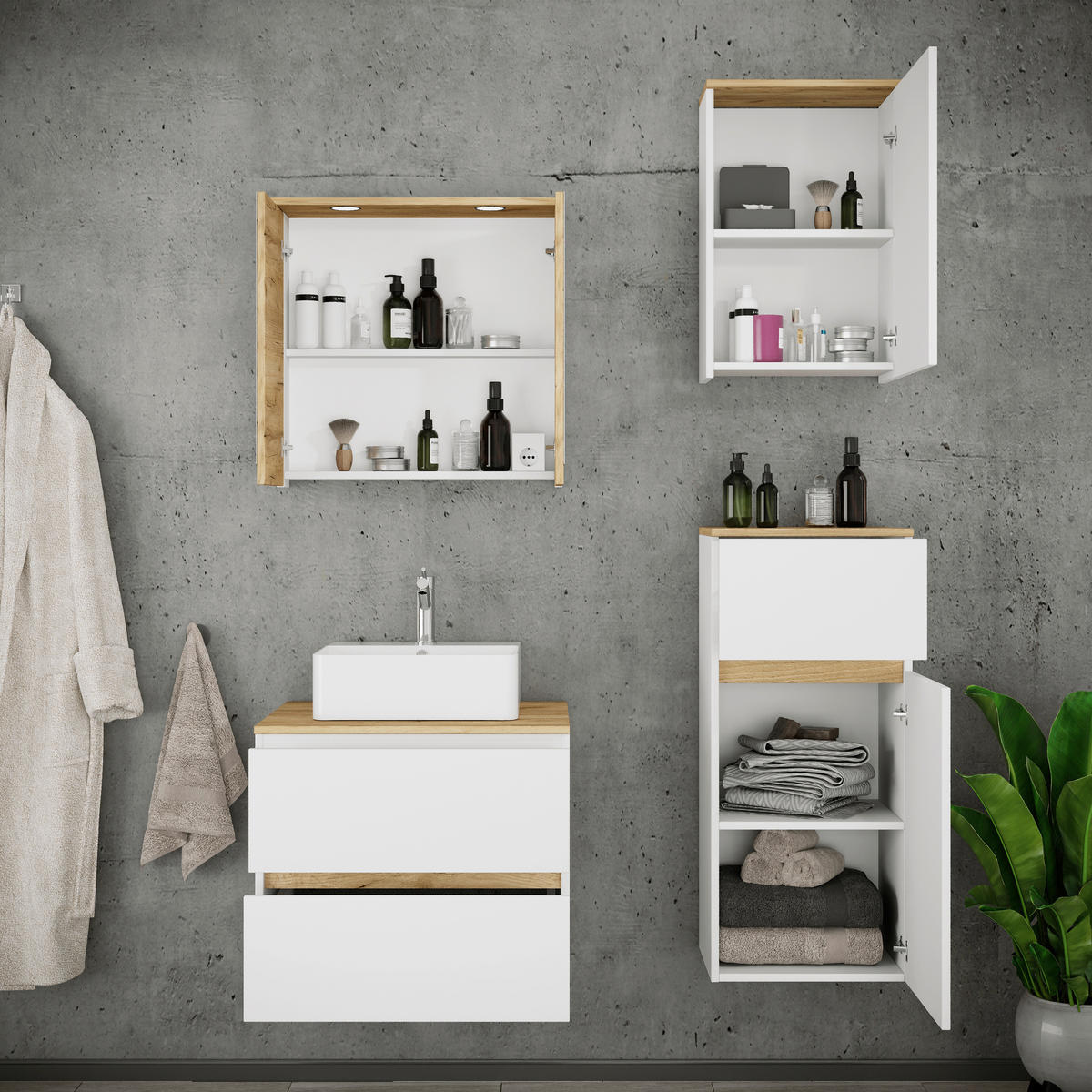 BADEZIMMER 5-teilig  in 100 cm  - Honigeiche/Weiß, Trend, Keramik/Holzwerkstoff (100cm) - MID.YOU