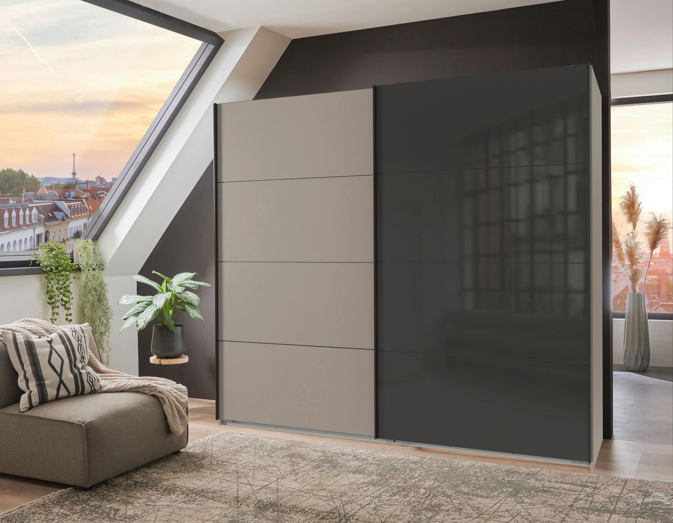 SCHWEBETÜRENSCHRANK 180/208/65 cm 2-türig Graphitfarben, Schwarz, Sahara  - Schwarz/Graphitfarben, Design, Glas/Holzwerkstoff (180/208/65cm) - Carryhome