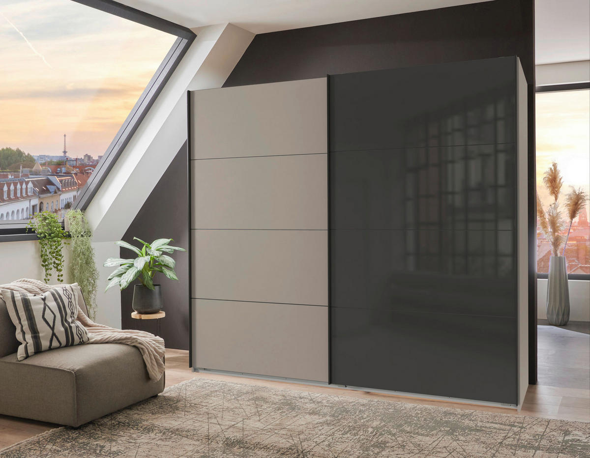 SCHWEBETÜRENSCHRANK in Graphitfarben, Schwarz, Sahara  - Schwarz/Graphitfarben, Design, Glas/Holzwerkstoff (180/208/65cm) - Carryhome