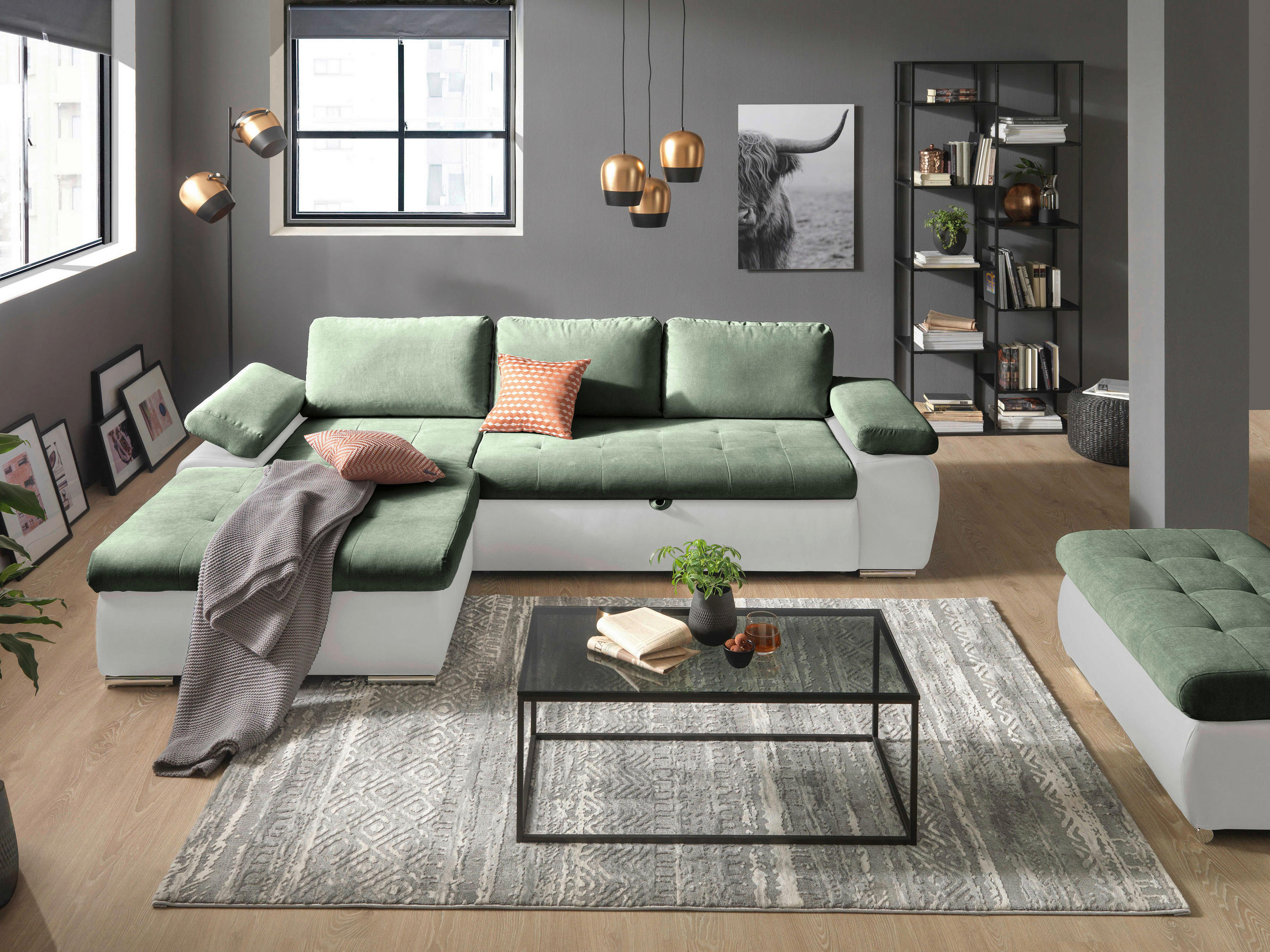 ECKSOFA in Flachgewebe Weiss, Olivgrün  - Weiss/Olivgrün, Design, Kunststoff/Textil (175/271cm) - MID.YOU