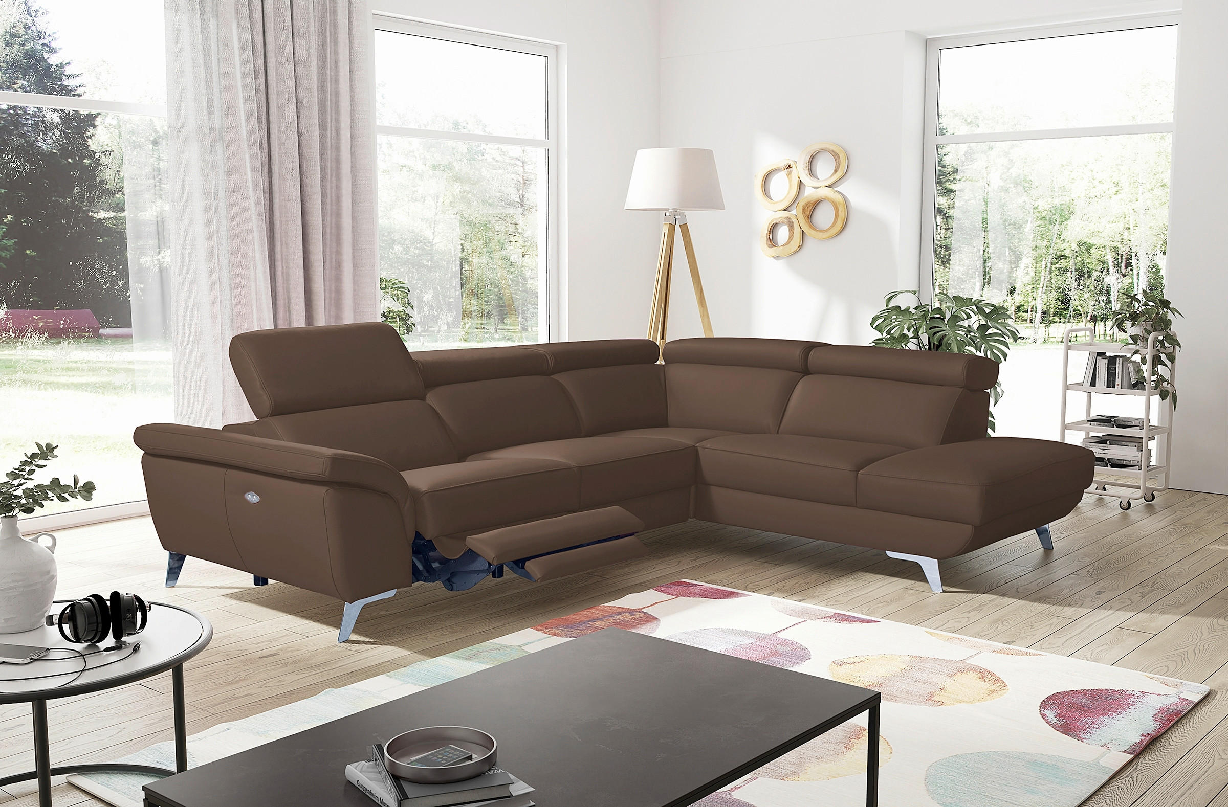 ECKSOFA  in Echtleder Dunkelbraun Rücken echt, Armteilverstellung, Relaxfunktion, Kopfteilverstellung  283/228 cm  - Dunkelbraun/Silberfarben, Design, Leder/Metall (283/228cm) - Livetastic