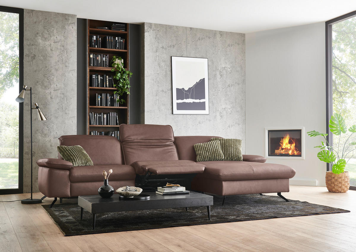 ECKSOFA Echtleder Rotbraun  - Rotbraun/Schwarz, Design, Leder/Metall (307/169cm) - Beldomo Premium