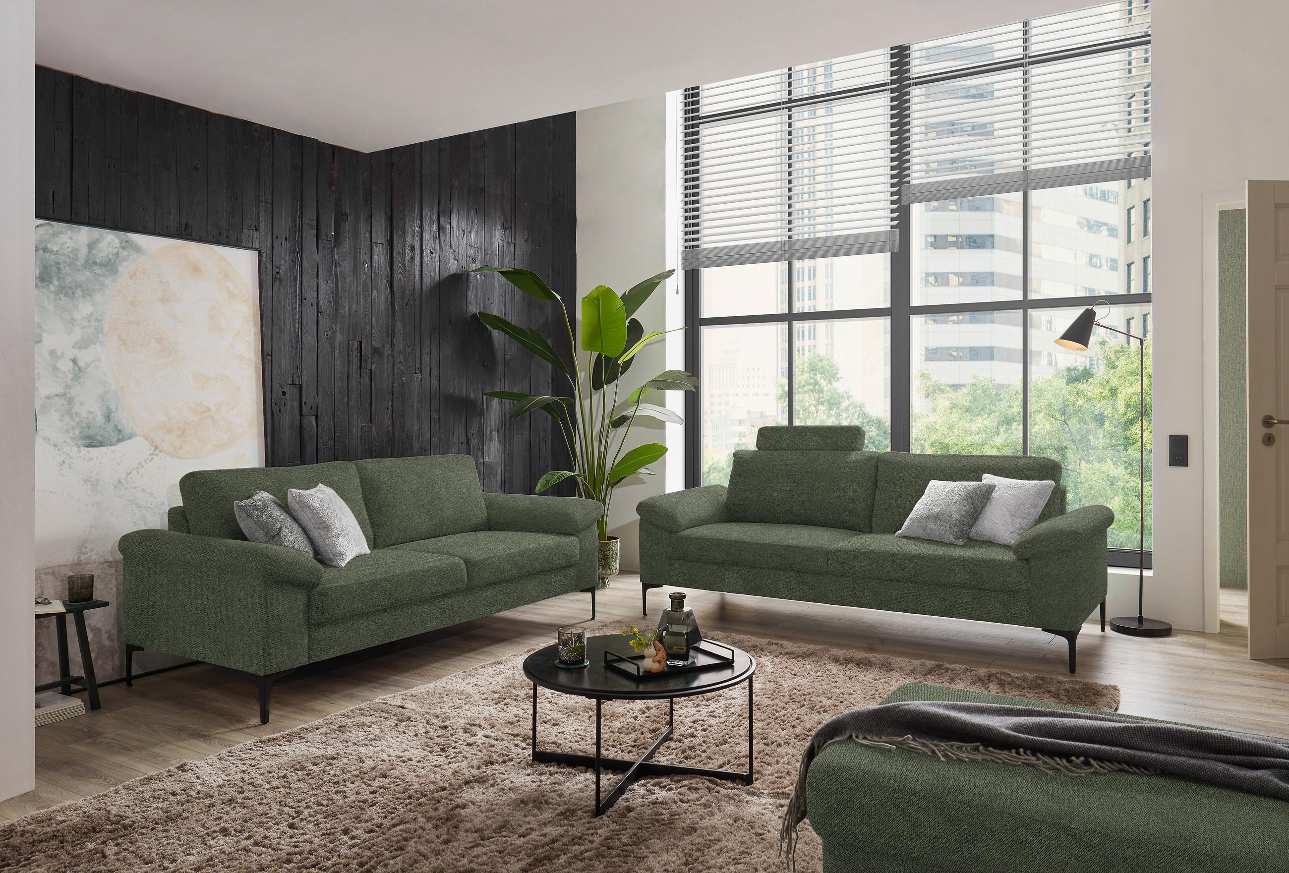 3-SITZER-SOFA in Flachgewebe Olivgrün  - Schwarz/Olivgrün, Design, Textil/Metall (226/89/97cm) - Pure Home Lifestyle