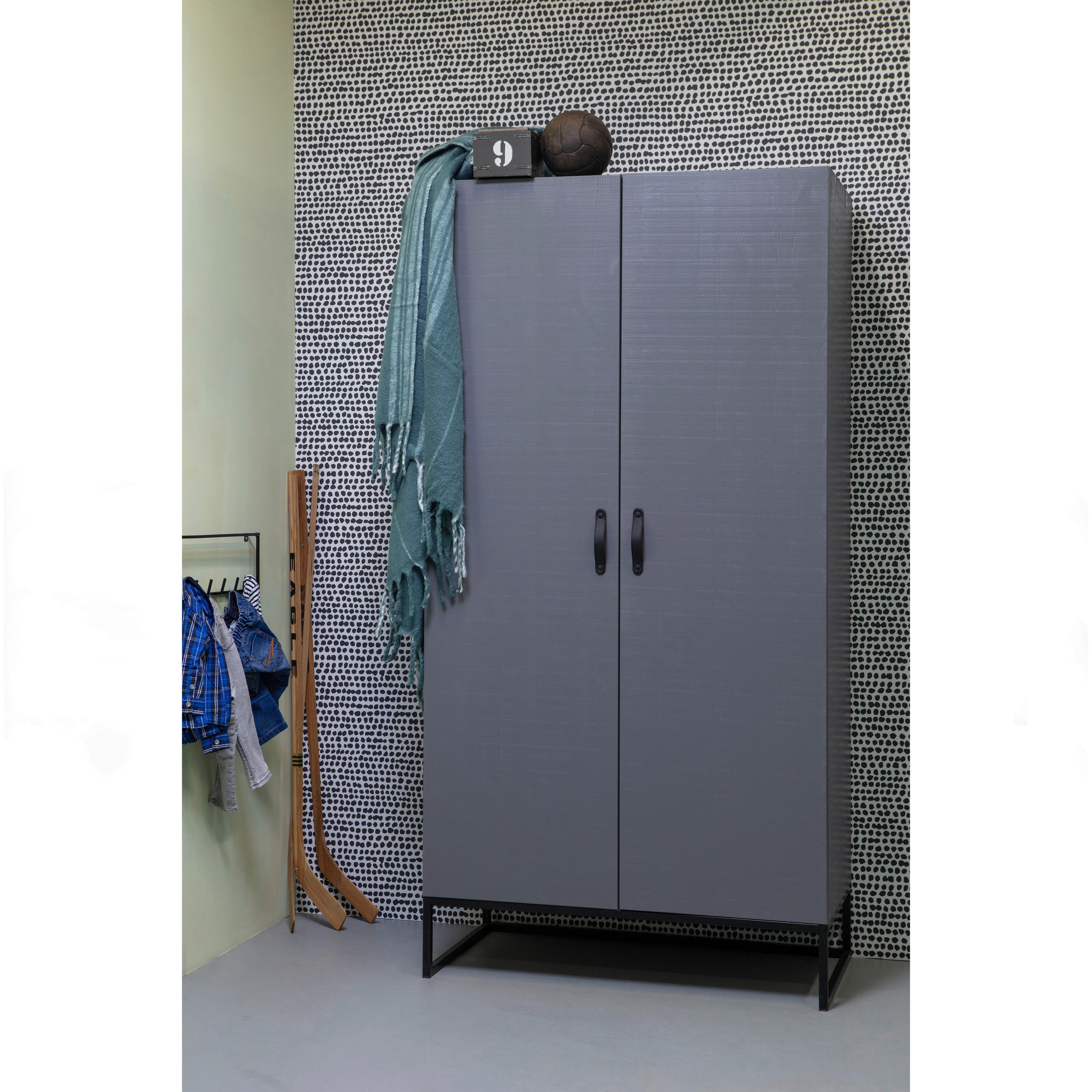 DREHTÜRENSCHRANK  in Grau  - Schwarz/Grau, Design, Leder/Holz (100/195/53cm) - Livetastic