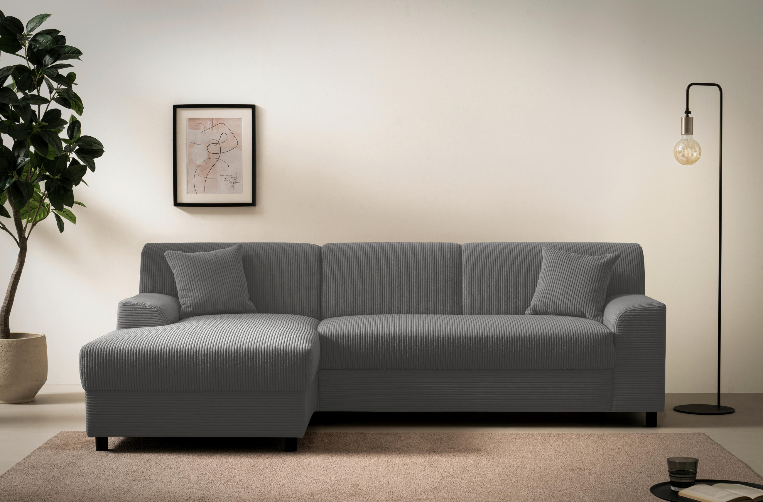 ECKSCHLAFSOFA  CAPRI 2 Grau Cord  - Schwarz/Grau, Basics, Kunststoff/Textil (146/241cm) - MID.YOU