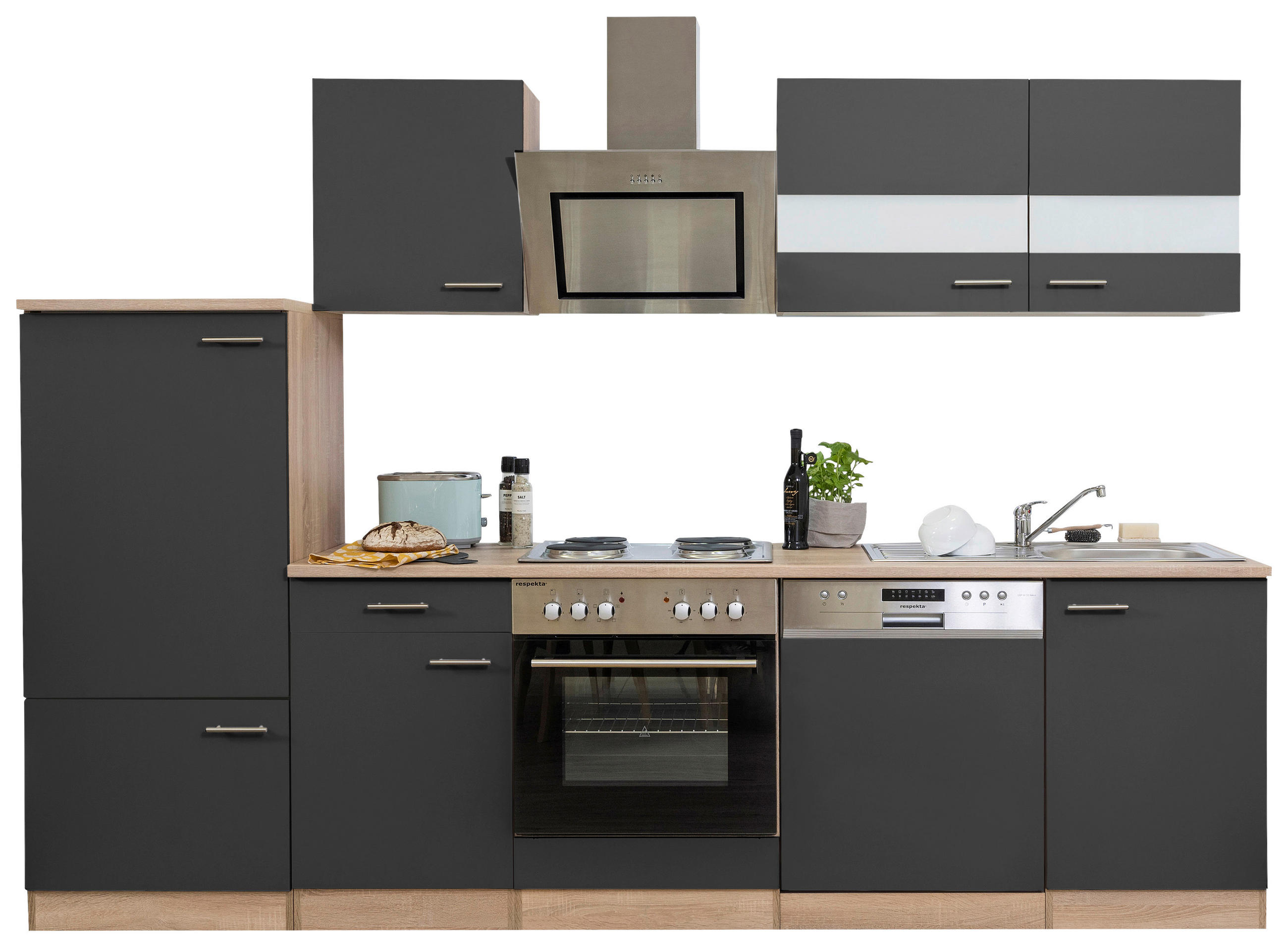 KÜCHENBLOCK 280 cm   in Grau  - Edelstahlfarben/Eichefarben, Basics, Holzwerkstoff/Metall (280cm) - Respekta