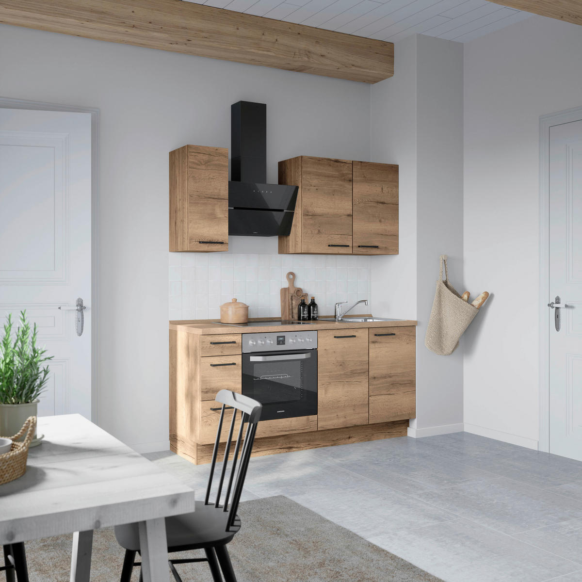 BUCĂTĂRIE FĂRĂ ELECTROCASNICE  - stejar închis la culoare/negru, Modern, metal/material pe bază de lemn (180cm) - Nobilia
