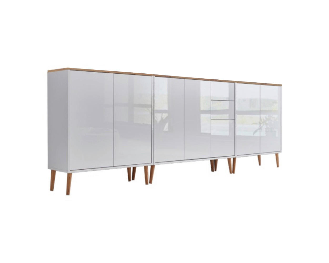 Mid.you Sideboard Mailand Set 6 + HF Weiß, Eiche Artisan, Weiß Hochglanz 263.5x86x33 cm