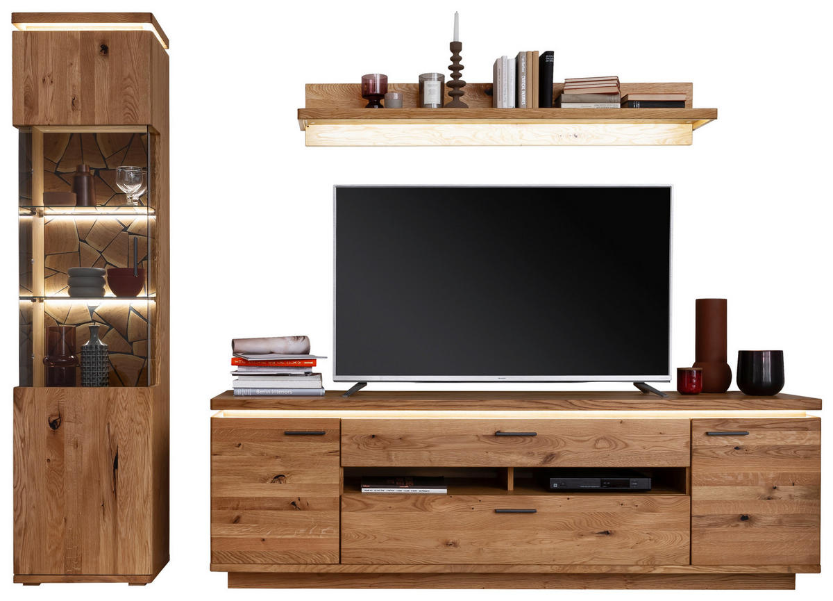 WOHNWAND 3-teilig  Eichefarben 275/204/50 cm  LED-Leuchtmittel   - Eichefarben/Schwarz, Natur, Glas/Holz (275/204/50cm) - Linea Natura