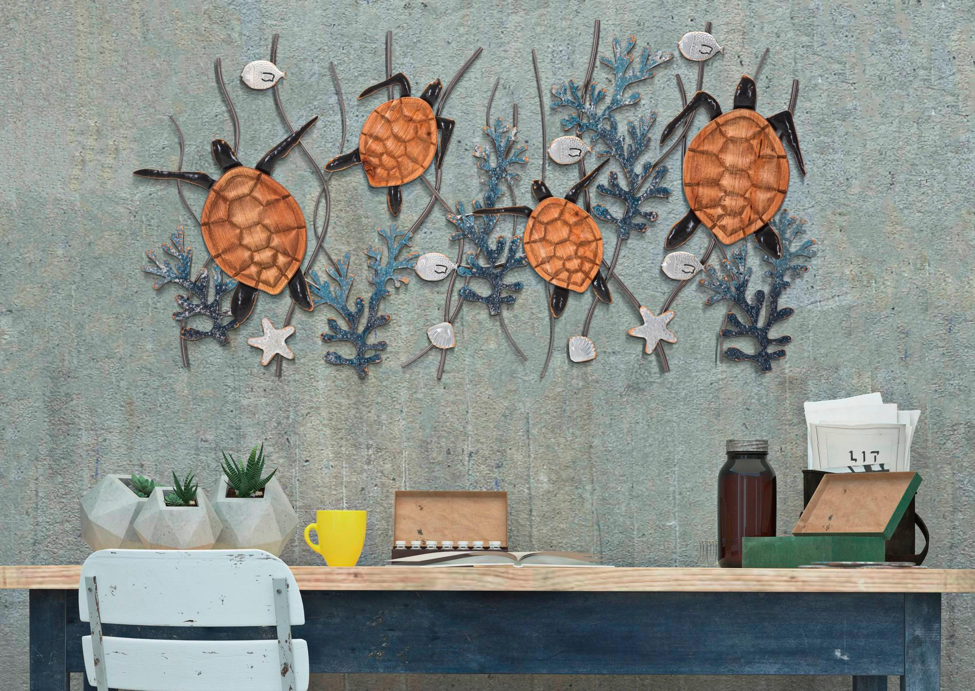 Wanddeko Turtle Metall, Holzwerkstoff  - Schwarz/Naturfarben, Basics, Holzwerkstoff/Metall (132.7/69.9/5.7cm)