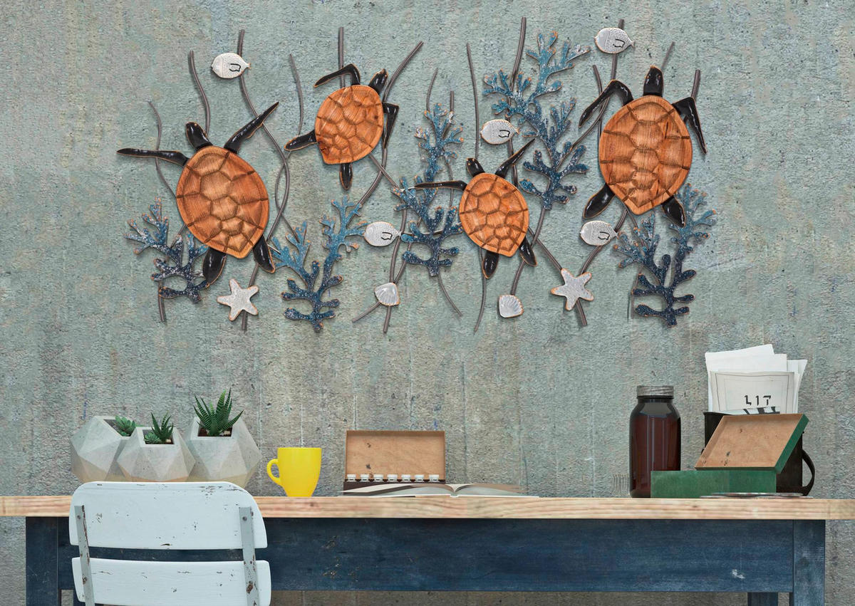 Wanddeko Turtle Metall, Holzwerkstoff  - Schwarz/Naturfarben, Basics, Holzwerkstoff/Metall (132.7/69.9/5.7cm)