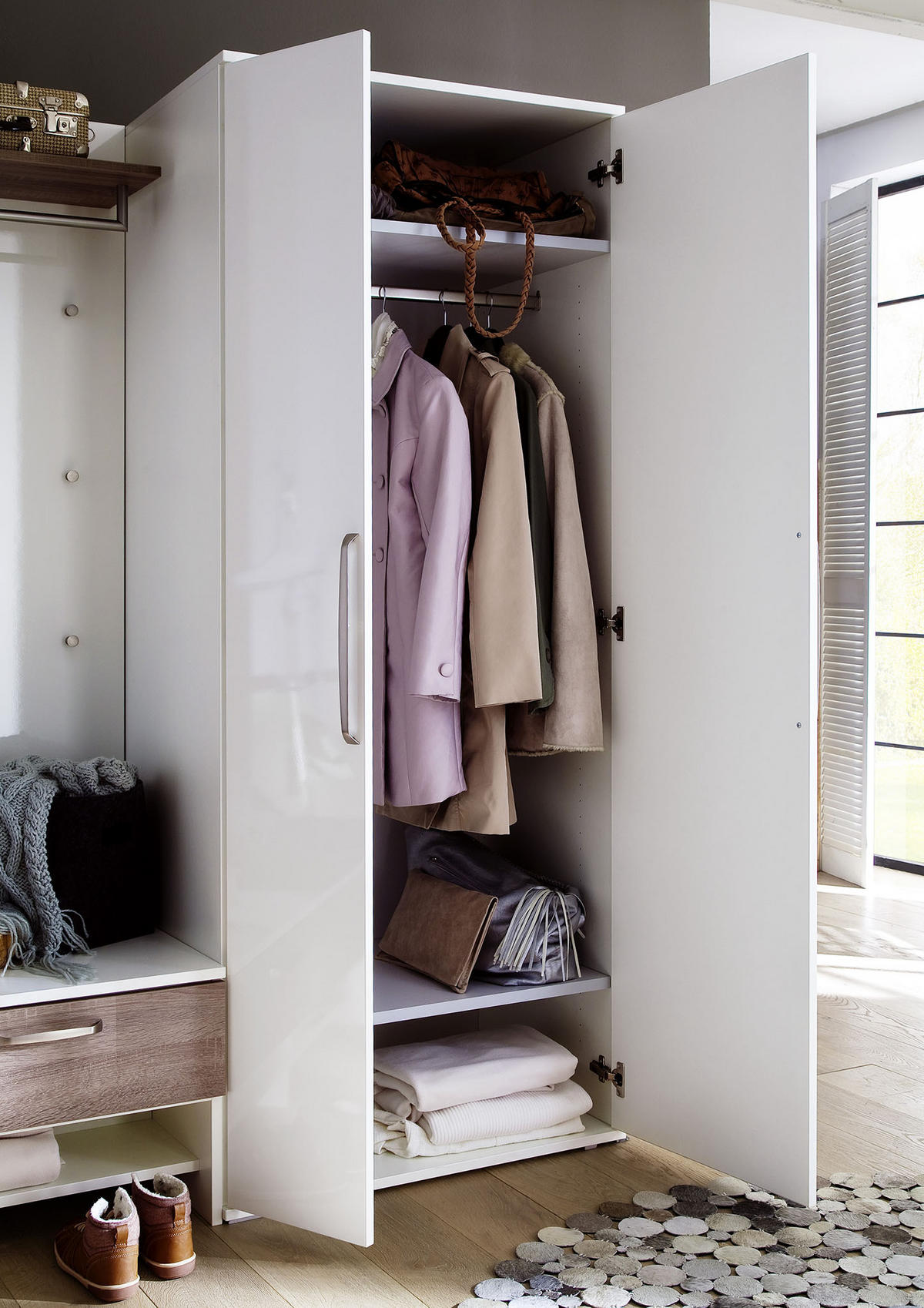 GARDEROBE 5-teilig  in 202/201/56 cm  - Weiss/Eichefarben, Design, Glas/Holzwerkstoff (202/201/56cm) - Moderano