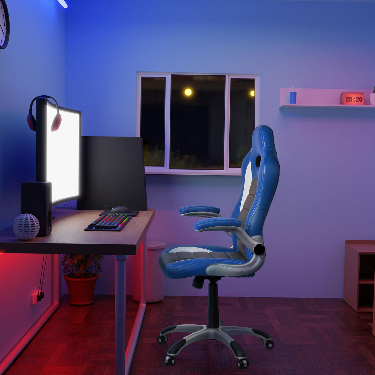 GAMINGSTUHL  in Lederlook Blau, Schwarz, Weiß  - Blau/Silberfarben, MODERN, Kunststoff/Textil (64/118/57cm) - MID.YOU