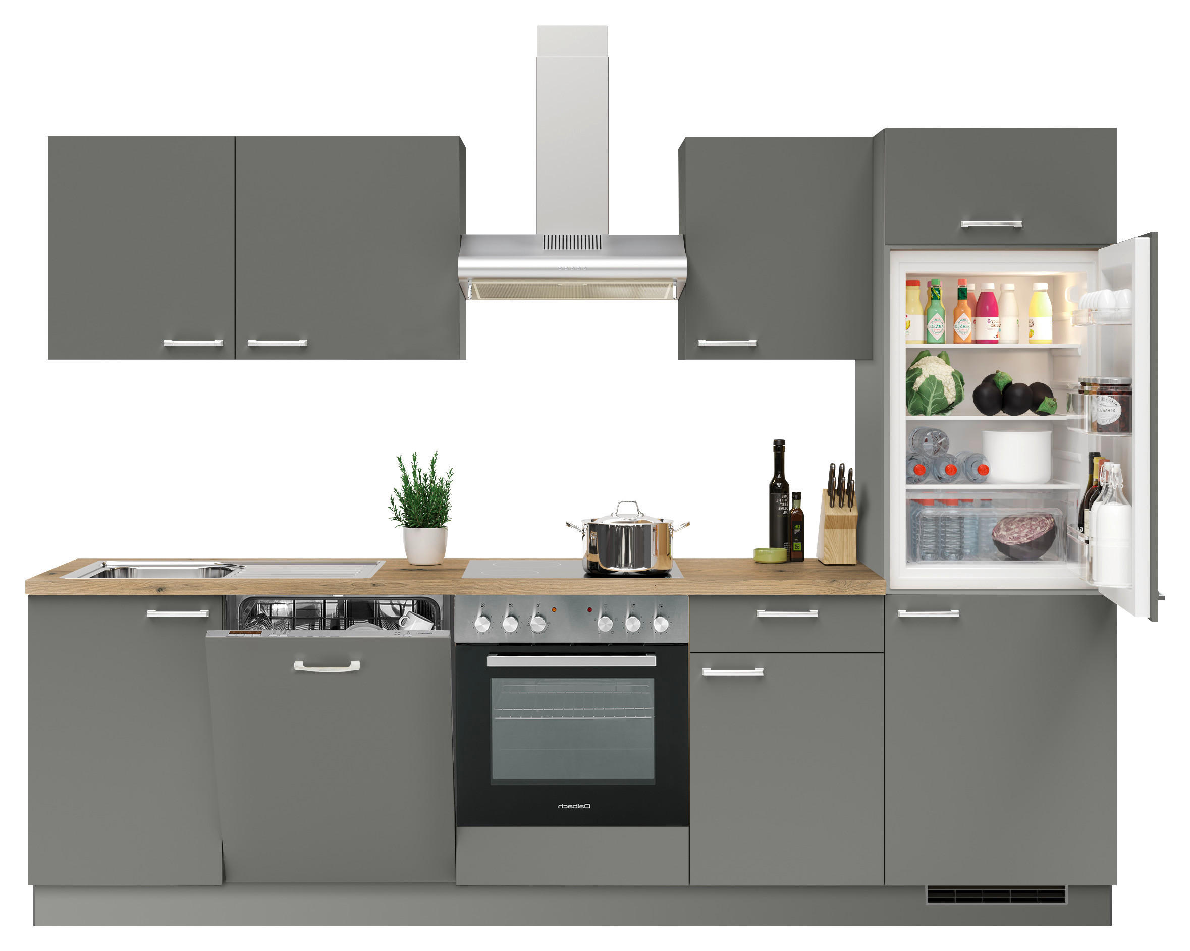 KÜCHENBLOCK 280 cm   in Anthrazit  - Edelstahlfarben/Eichefarben, KONVENTIONELL, Holzwerkstoff/Metall (280cm) - Welnova