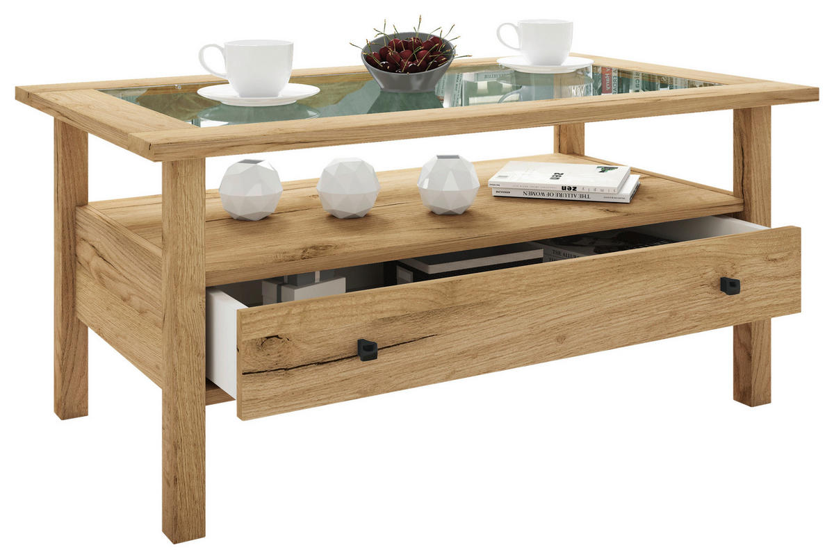 COUCHTISCH Glas, Holzwerkstoff 90/54/42 cm  - Honigeiche/Schwarz, Lifestyle, Glas/Holzwerkstoff (90/54/42cm) - MID.YOU
