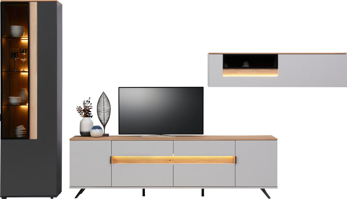 WOHNWAND  in Anthrazit, Eichefarben, Hellgrau 370/214,6/48 cm  - Eichefarben/Anthrazit, Design, Glas/Holz (370/214,6/48cm) - Dieter Knoll