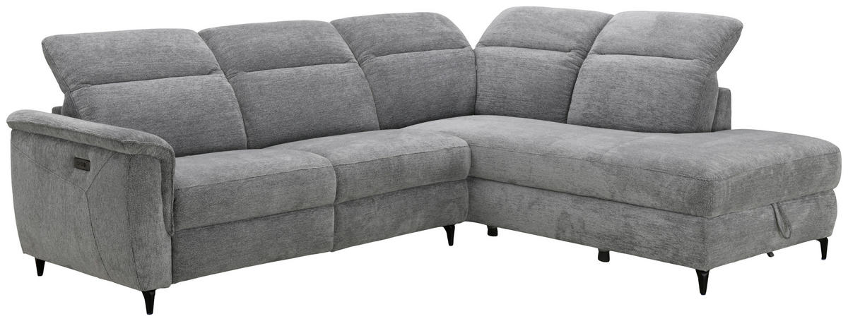 ECKSOFA Grau Chenille Relaxfunktion, Kopfteilverstellung, Stauraum  - Schwarz/Grau, Design, Textil/Metall (266/220cm) - Xora