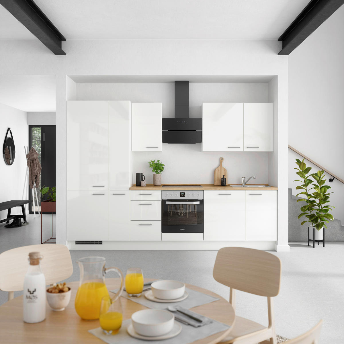 KÜCHENLEERBLOCK 300 cm   in Eichefarben, Weiß Hochglanz  - Edelstahlfarben/Eichefarben, MODERN, Holzwerkstoff/Metall (300cm) - Nobilia