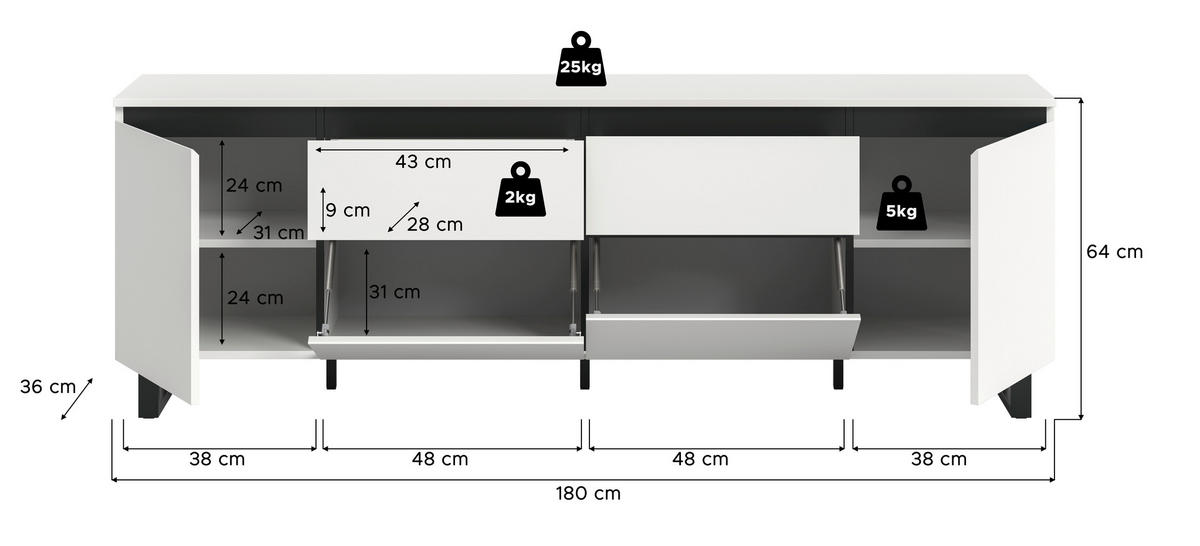 TV-BÄNK  188/65/36 cm 2 låda(or) stående  - vit/svart, Design, metall/trämaterial (188/65/36cm) - Livetastic