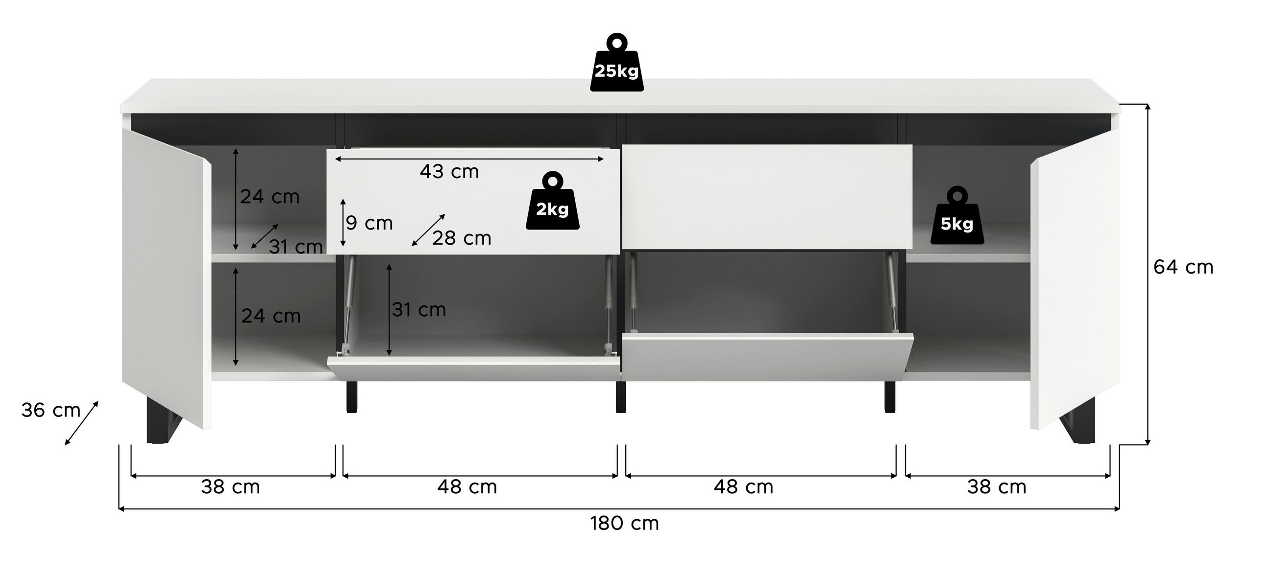 Thumbnail - Livetastic Lowboard, Weiß, Holzwerkstoff, 2 Fächer, 2 Schublade(n) Schubladen, 188x65x36 cm, FSC Mix, stehend, Wohnzimme...