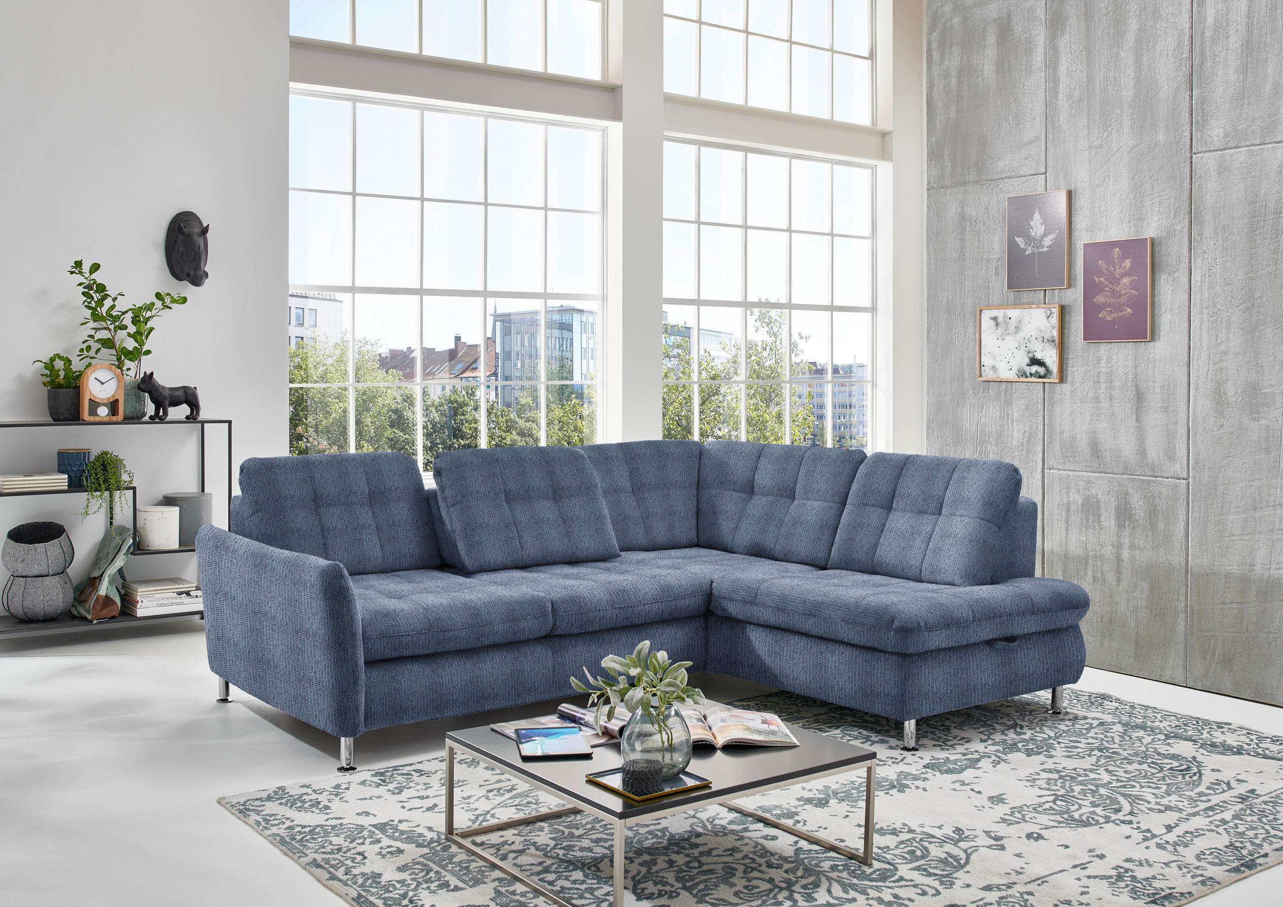 ECKSOFA in Webstoff Blau  - Chromfarben/Blau, Konventionell, Textil/Metall (242/210cm) - Beldomo Style