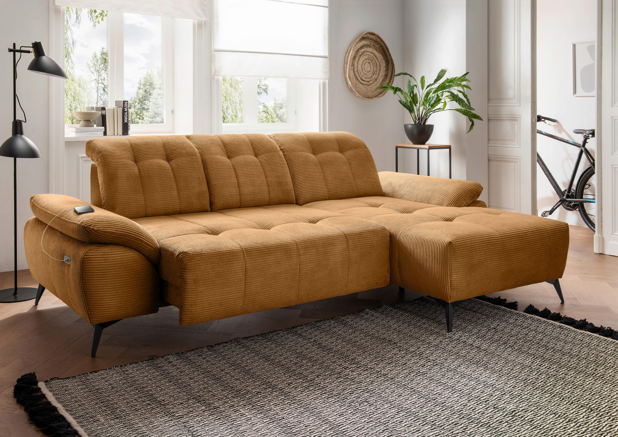 ECKSOFA Cord Goldfarben  - Goldfarben/Schwarz, Modern, Textil/Metall (280/180cm) - Livetastic