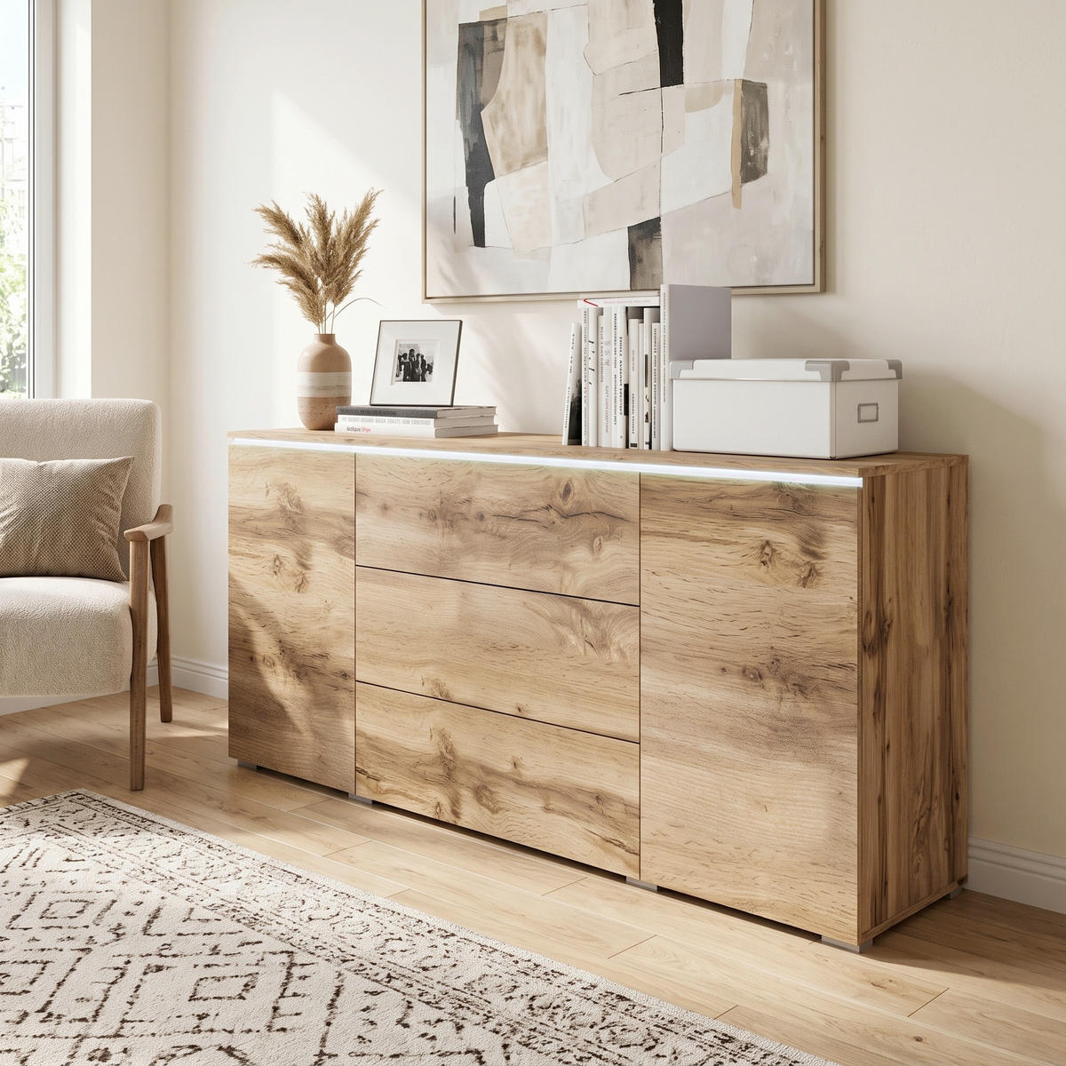 SIDEBOARD Vera 150/67,9/39,5 cm 3 Schublade(n)  - Eiche Wotan/Grau, LIFESTYLE, Holzwerkstoff/Kunststoff (150/67,9/39,5cm) - P & B