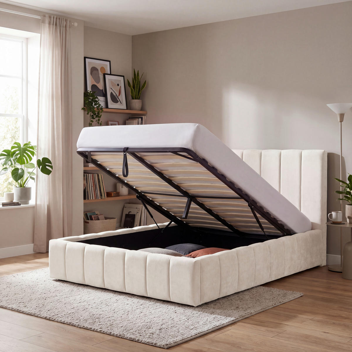 POLSTERBETT 180/200 cm,  in Beige, gepolstertes Kopfteil, Lattenrost, Bettkasten,  - Beige/Schwarz, Basics, Holz/Kunststoff (180/200cm) - Carryhome
