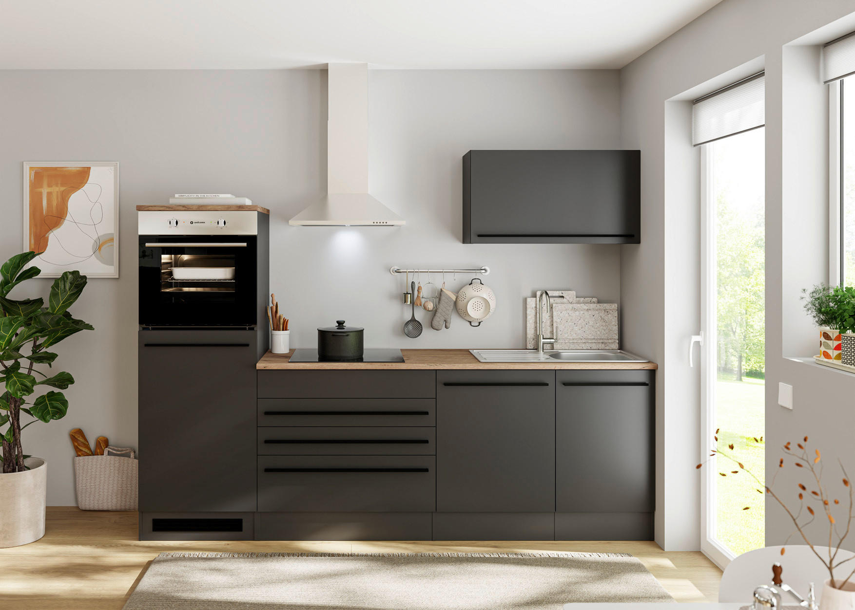 KÜCHENBLOCK 260 cm  in Schwarz  - Eichefarben/Schwarz, LIFESTYLE, Holzwerkstoff/Kunststoff (260cm) - P & B