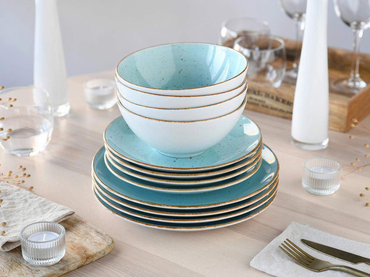 TAFELSERVICE Vintage Nature Aqua 12-teilig  - Weiß/Hellblau, Basics, Keramik - Creatable