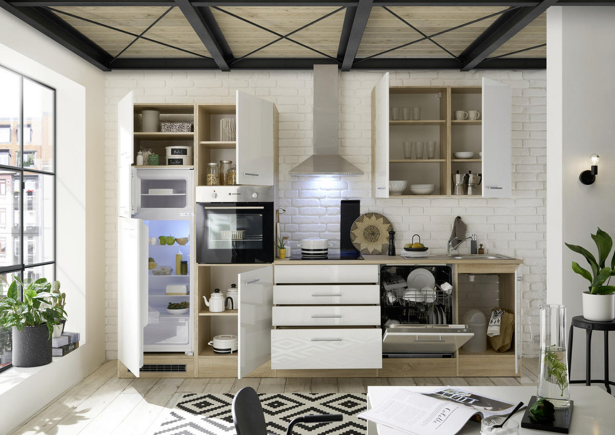 BUCĂTĂRIE FĂRĂ ELECTROCASNICE  - stejar Sonoma/alb, Modern, material pe bază de lemn (310cm) - Xora