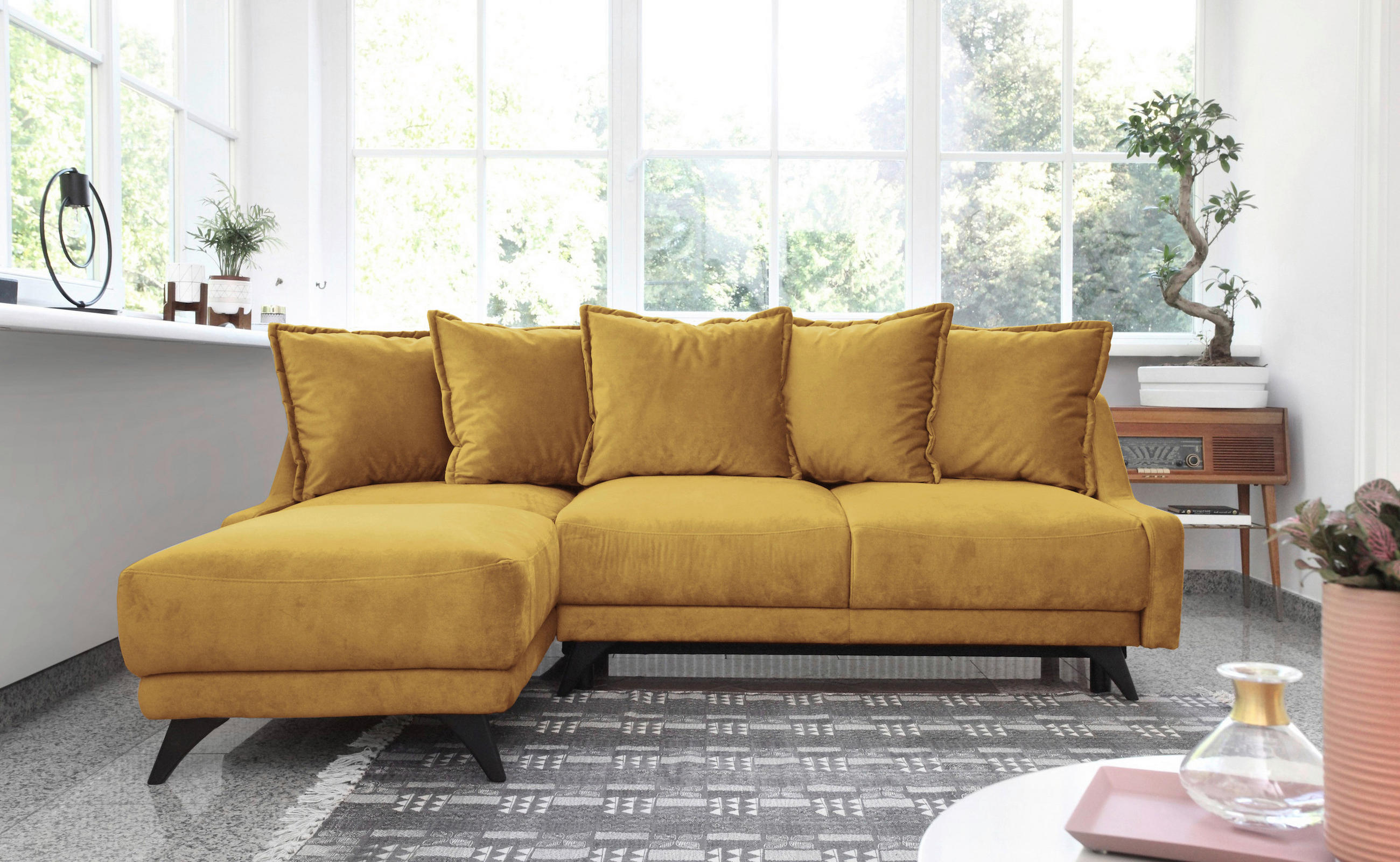 ECKSCHLAFSOFA Gelb Velours - Gelb/Schwarz, Basics, Holz/Textil (155/225cm) - MID.YOU