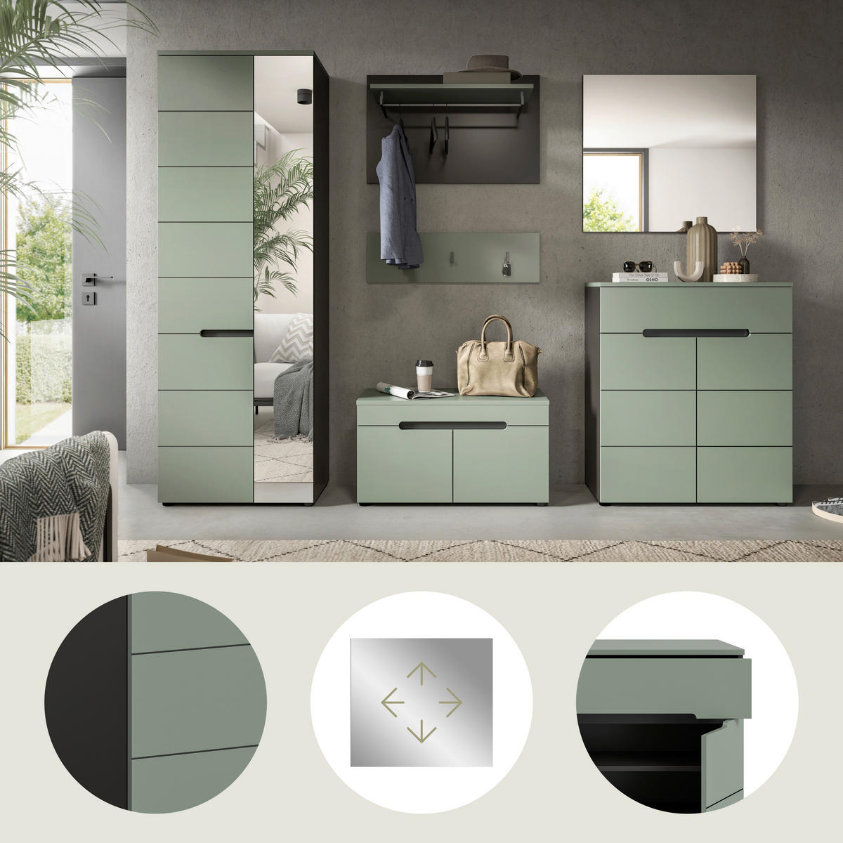 ELŐSZOBAFAL - szürke/szürkészöld, Design, faalapú anyag (255/190/37cm) - Livetastic