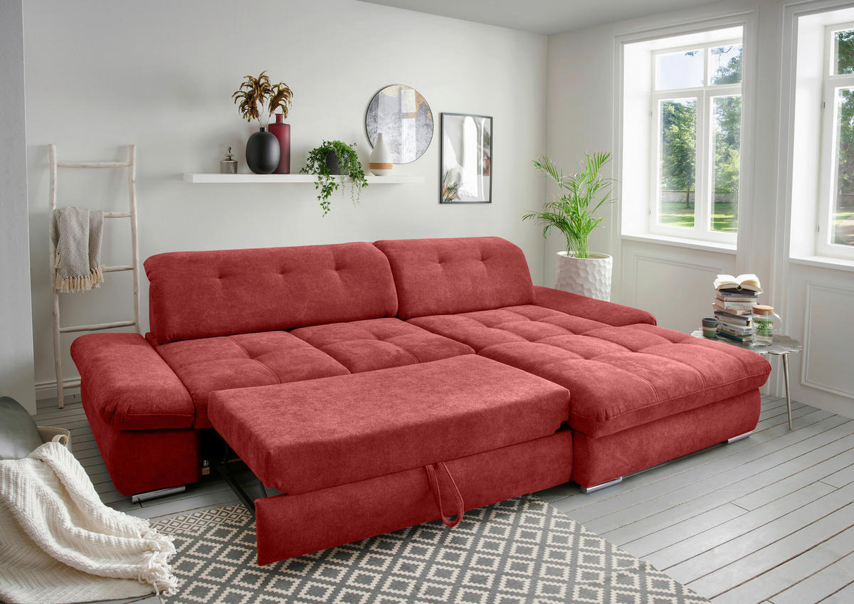 ECKSOFA in Chenille Rot  - Chromfarben/Rot, Modern, Textil/Metall (300/196cm) - Livetastic