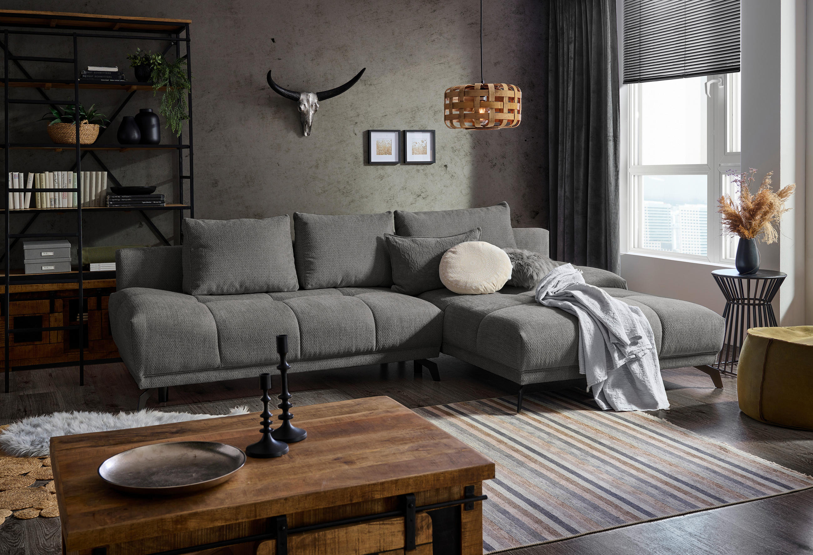 ECKSOFA in Chenille Blau, Braun  - Blau/Schwarz, Modern, Textil/Metall (290/182cm) - Hom`in