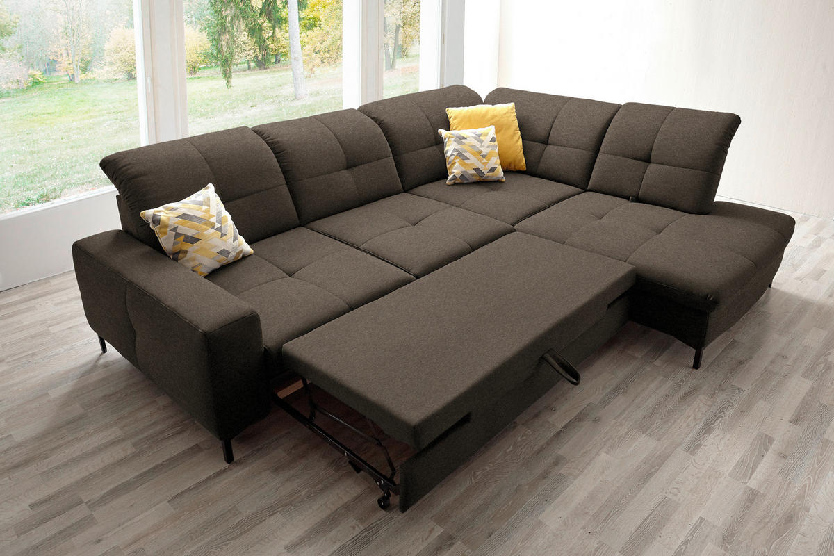 ECKSOFA in Chenille Dunkelbraun  - Dunkelbraun/Schwarz, Design, Textil/Metall (310/240cm) - Xora