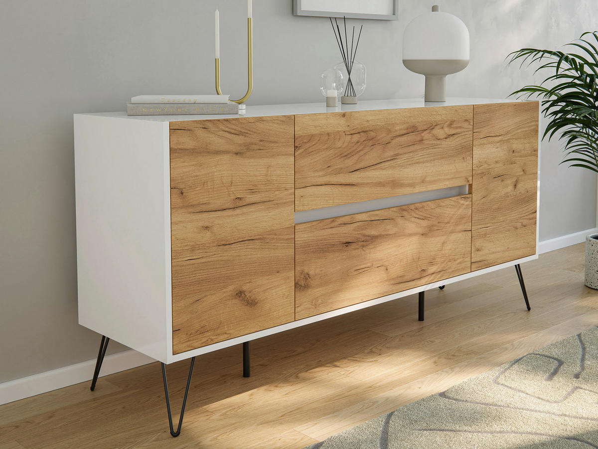 SIDEBOARD Posseik Industrial  in 155/75,8/42 cm  - Eichefarben/Weiß Hochglanz, Design, Holzwerkstoff/Metall (155/75,8/42cm) - P & B