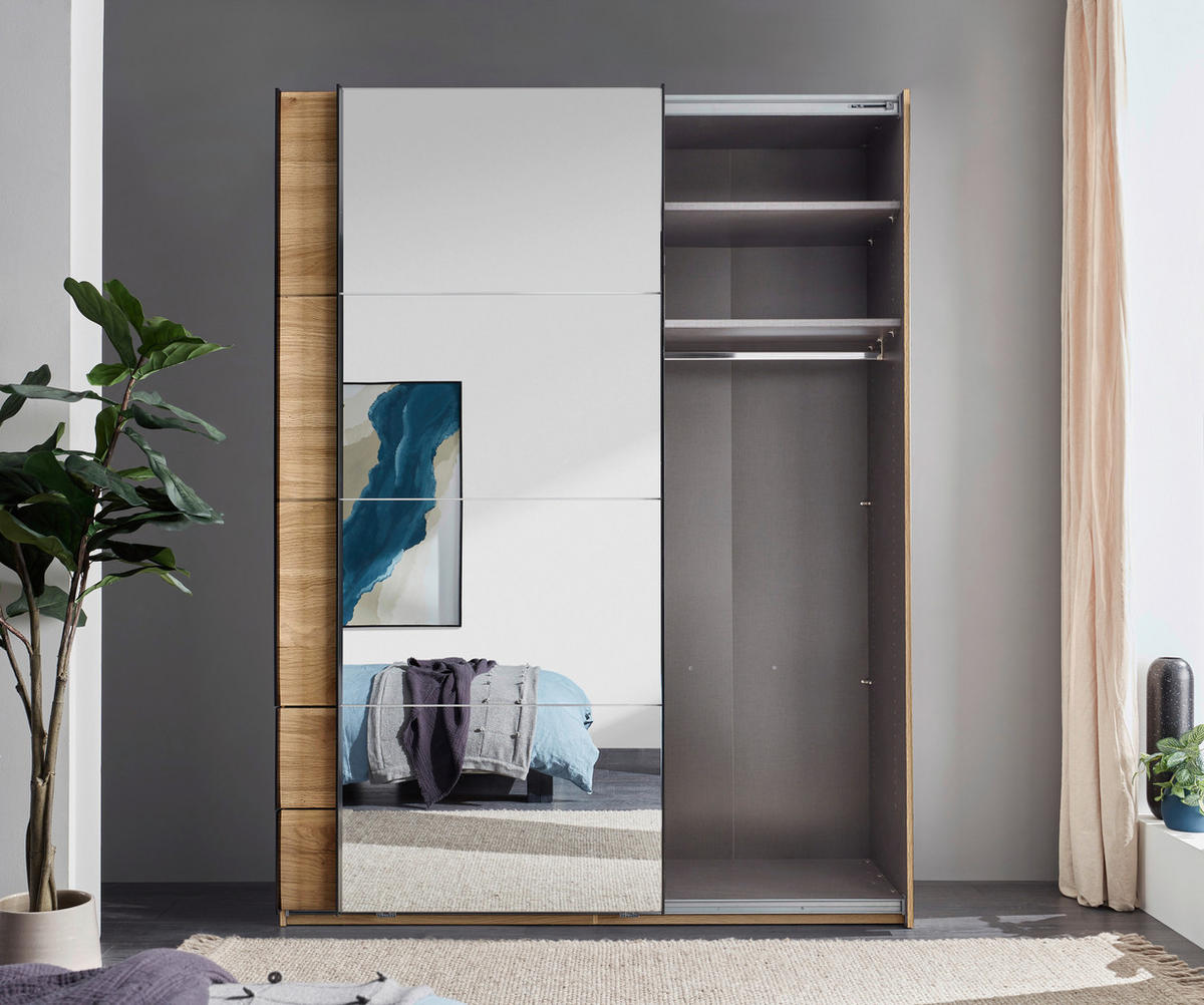 SCHWEBETÜRENSCHRANK Eichefarben  - Eichefarben/Schwarz, Modern, Glas/Holzwerkstoff (215/225,5/60,5cm) - Xora