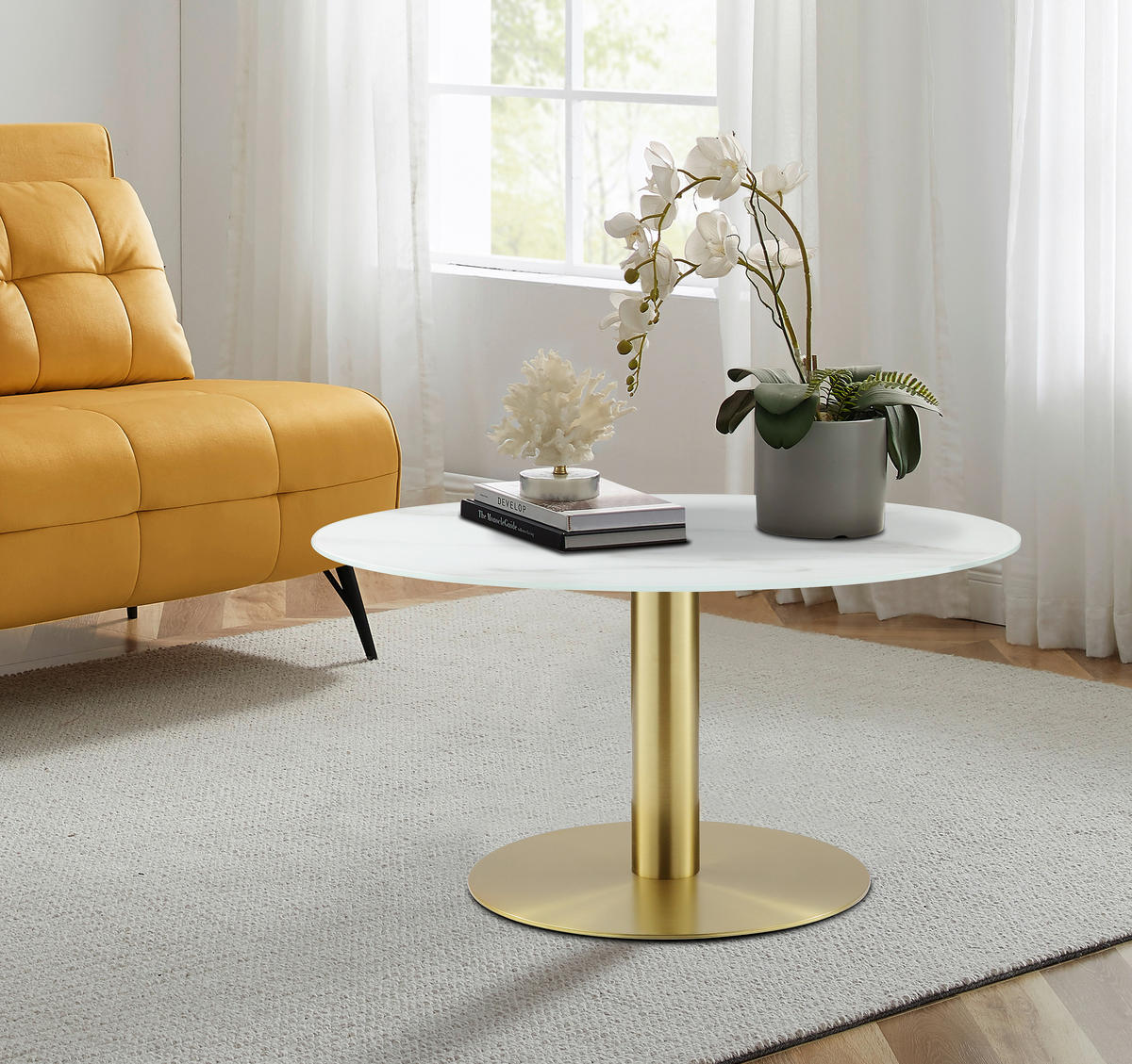 KONFERENČNÍ STOLEK, bílá, barvy zlata, kov, sklo, 80/80/45 cm - bílá/barvy zlata, Design, kov/sklo (80/80/45cm) - Ambia Home