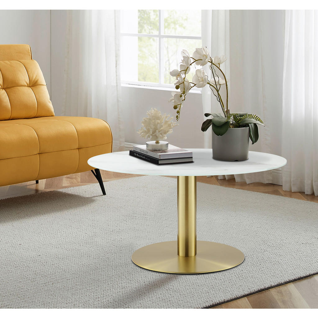 Thumbnail - Ambia Home Couchtisch, Weiß, Gold, Metall, Glas, Marmoroptik, rund, Säule, Bodenplatte, 80x45x80 cm, einfacher Aufbau, W...
