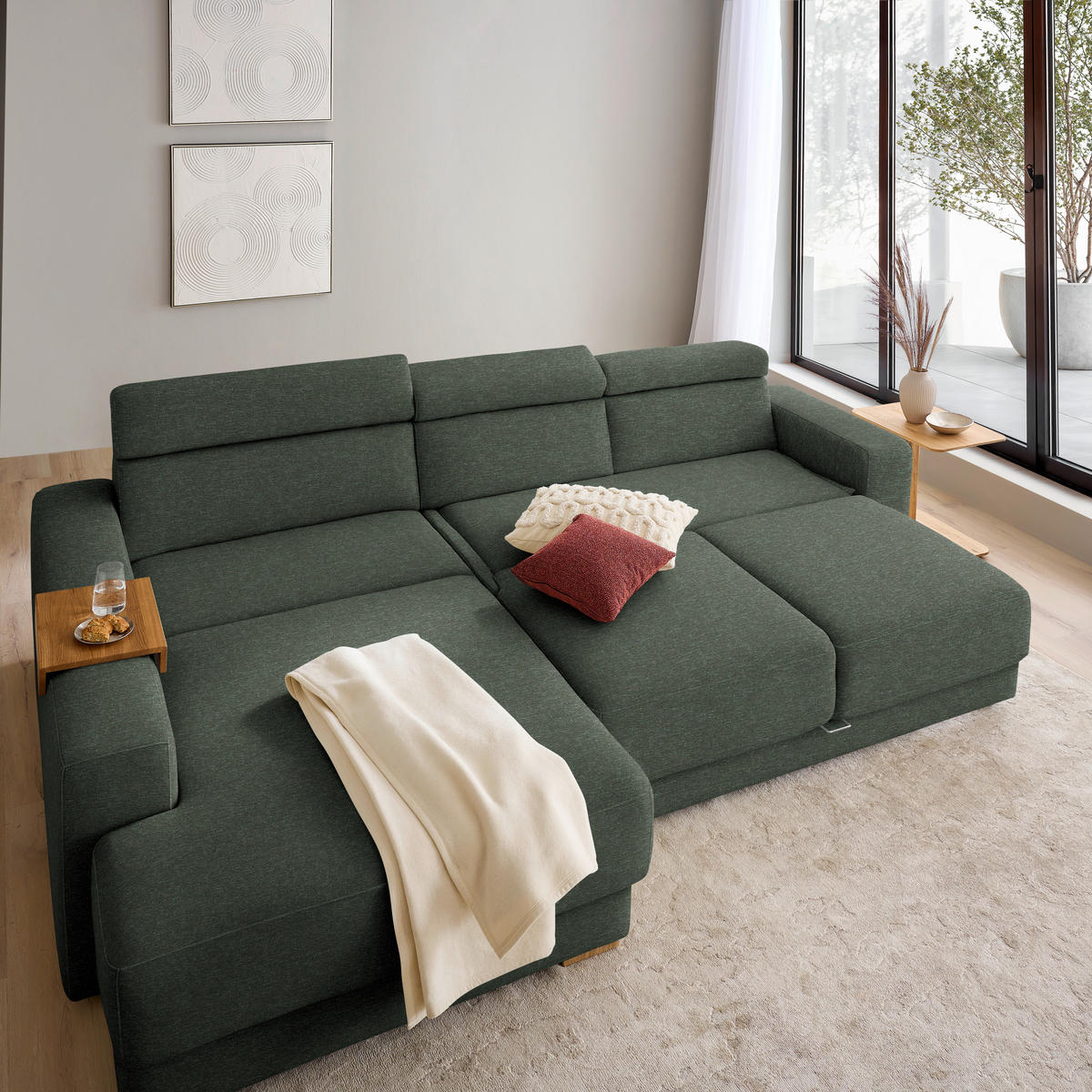 ECKSOFA  in Chenille Dunkelgrün  206/316 cm  - Dunkelgrün/Eichefarben, Design, Textil (206/316cm) - Sedda