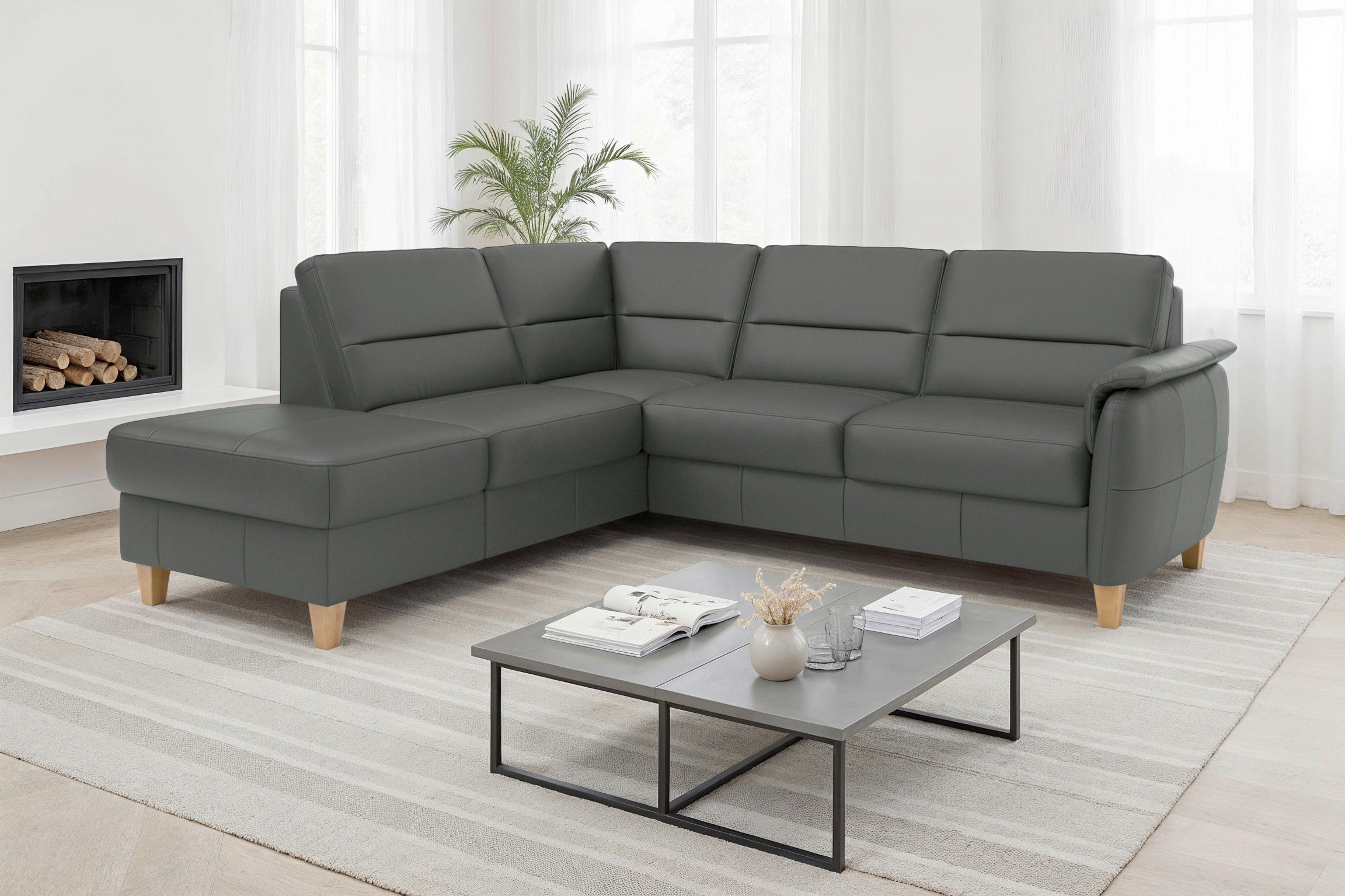 ECKSOFA PALMERA E Anthrazit Echtleder Stauraum, Liegefläche im Originalstoff  - Eichefarben/Anthrazit, Basics, Leder/Holz (212/236cm) - Sit & More
