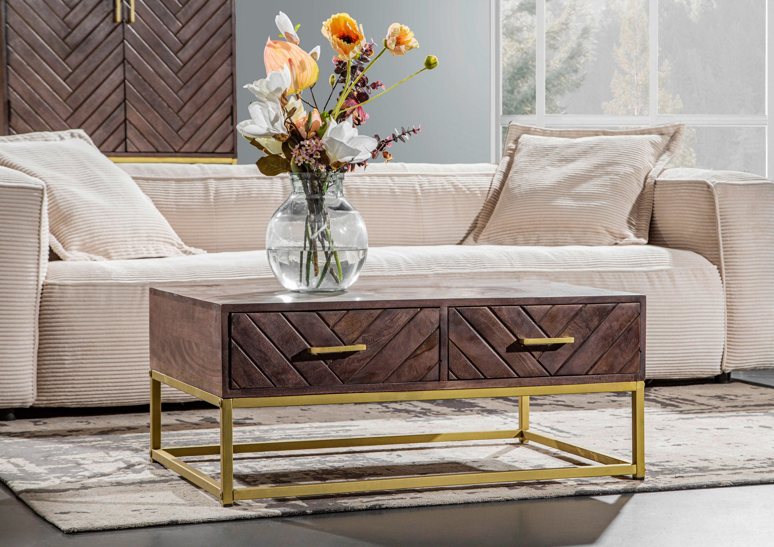 COUCHTISCH Mangoholz massiv rechteckig Braun 90/60/38 cm  - Goldfarben/Braun, Trend, Holz/Metall (90/60/38cm) - Livetastic
