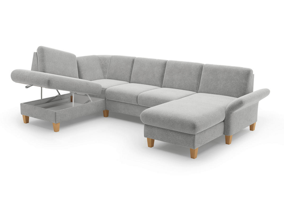 WOHNLANDSCHAFT Hellgrau Flachgewebe  - Eichefarben/Hellgrau, KONVENTIONELL, Holz/Textil (195/314/164cm) - Sit & More