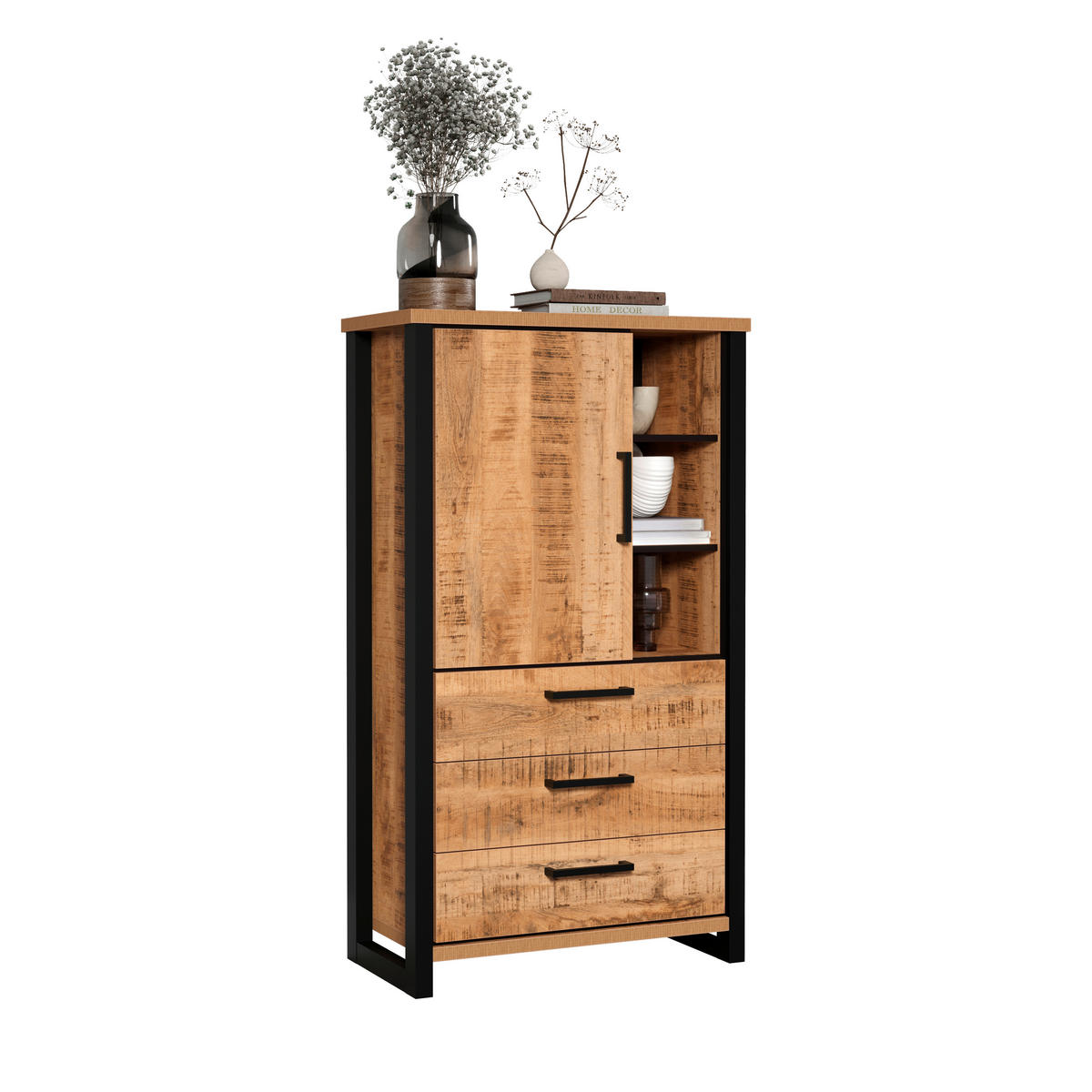 MEHRZWECKSCHRANK 87/155/45 cm  in Naturfarben, Schwarz  - Schwarz/Braun, Basics, Holzwerkstoff/Metall (87/155/45cm) - MID.YOU