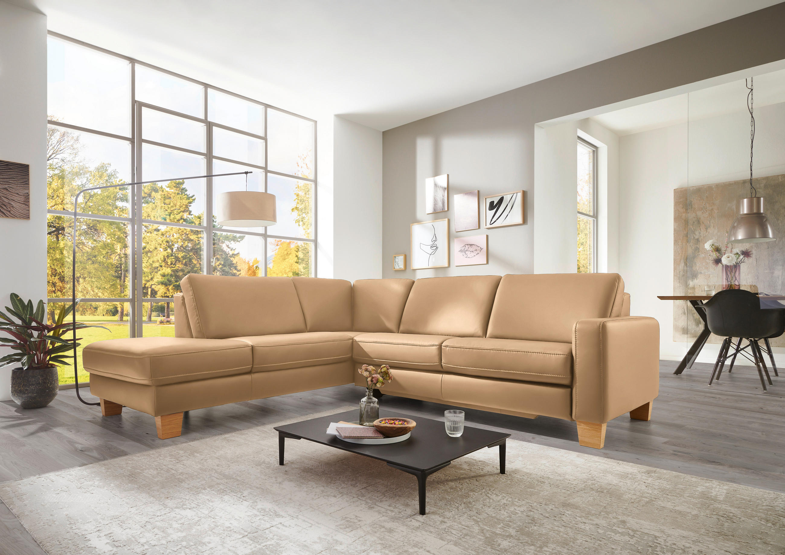 ECKSOFA in Echtleder Honig  - Eiche Bianco/Honig, Natur, Leder/Holz (235/257cm) - Valdera