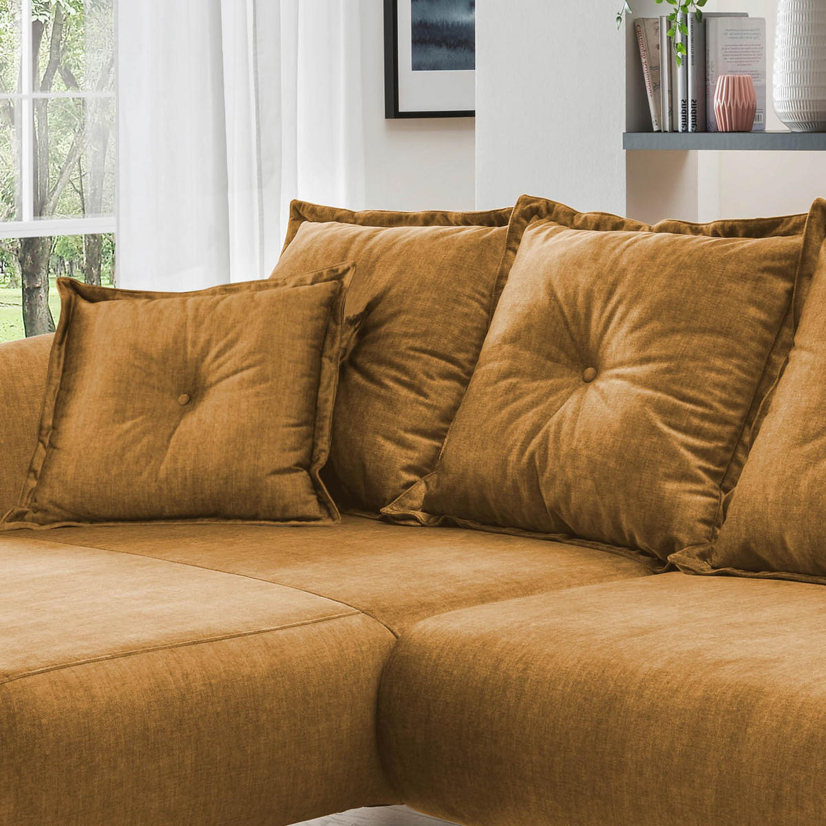 ECKSOFA in Velours Gelb  - Gelb/Buchefarben, Modern, Holz/Textil (162/277cm) - Livetastic